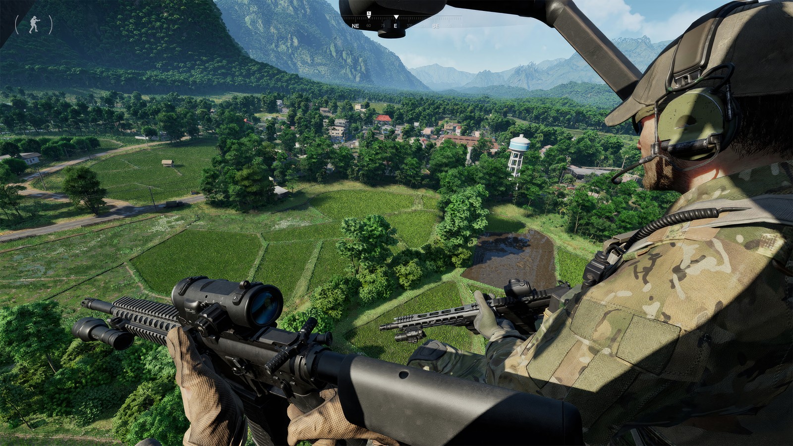 A soldier in camouflage looks out over a valley from a helicopter (gray zone warfare, video game, soldier)