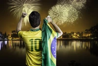 Brazilian Football Player Celebrating with Fireworks at the FIFA World Cup