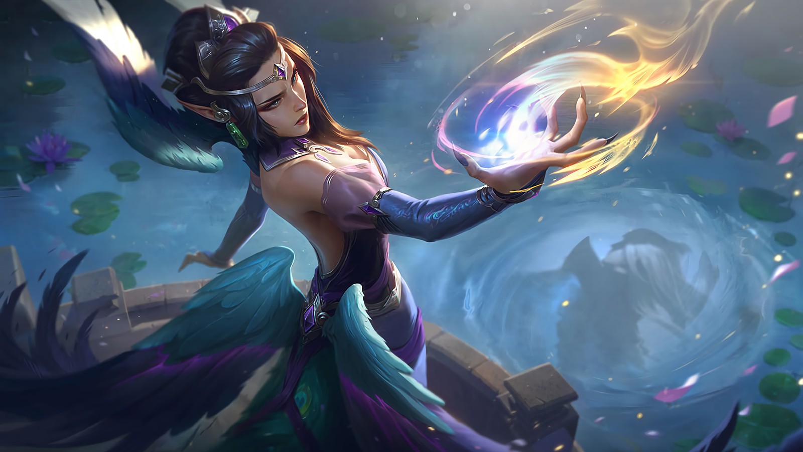 Una mujer con un vestido morado sosteniendo una bola brillante (morgana, majestic empress, arte conceptual, lol, league of legends)