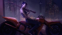 Cyberpunk Girl on a Futuristic Motorcycle with a Rifle