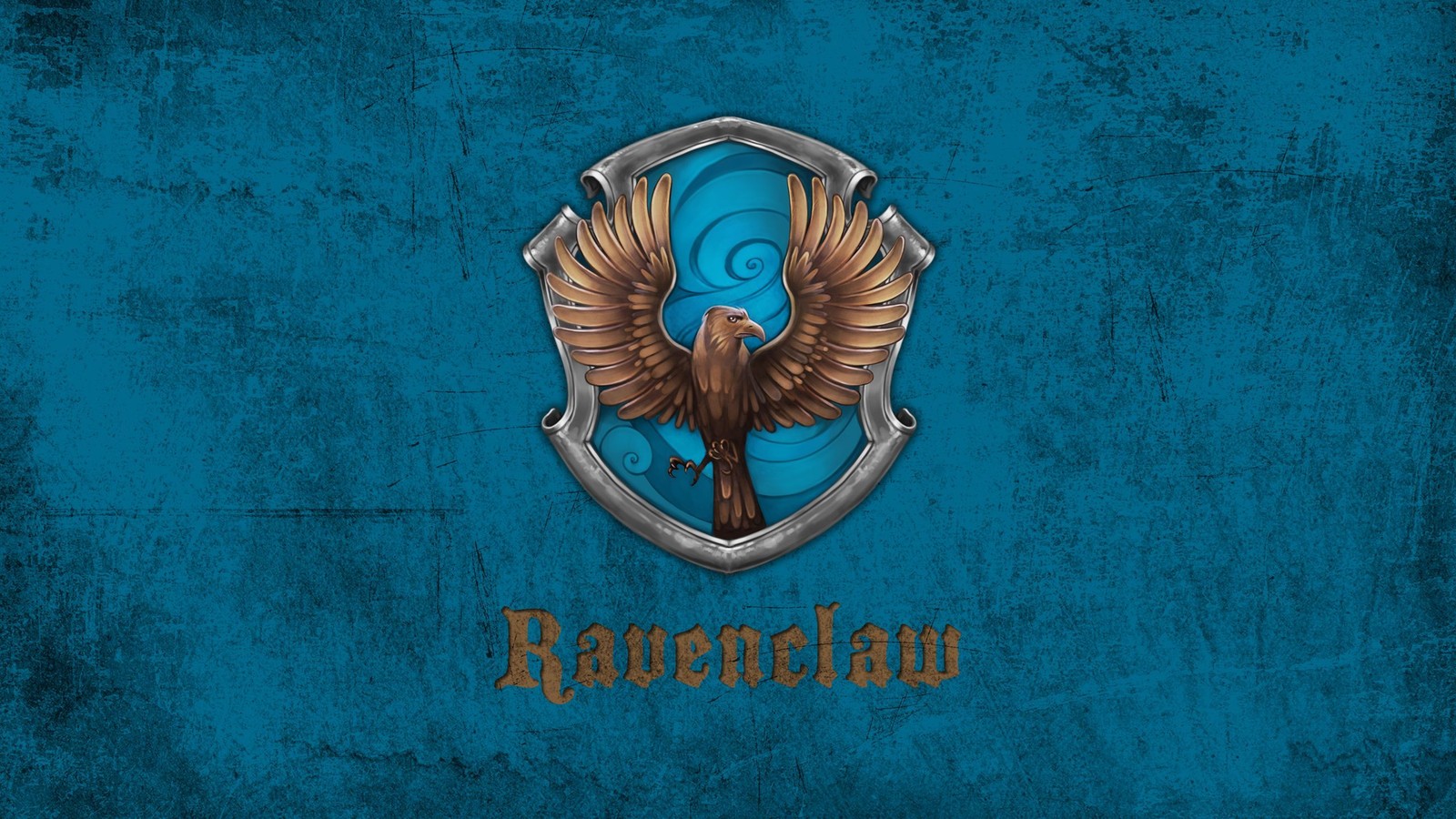 Ein blaues und goldenes rabenwappen mit den worten ravenclaw. (slytherin haus, slytherin house, harry potter, turquoise, graphiken)