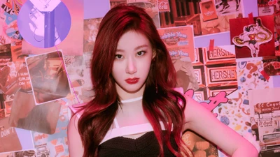 Chaeryeong of ITZY exudes confidence against a vibrant, retro-inspired collage backdrop, embodying the spirit of "Mafia in the Morning.