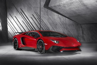 Lamborghini Aventador Superveloce: Auffälliger roter Supersportwagen in modernem Umfeld