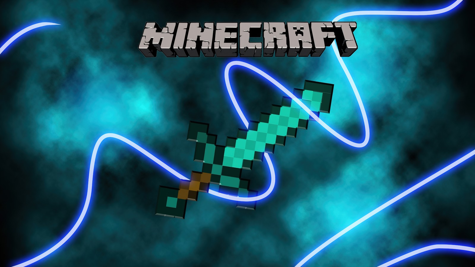 A blue neon light is shining on a dark background with a pixel sword (minecraft, game art, video game, games, 4k wallpaper)