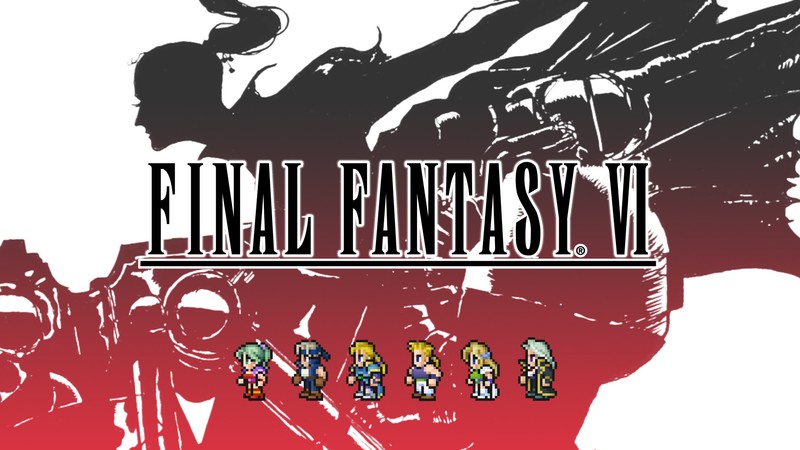 Логотип final fantasy iv на красном фоне с черно-белым изображением (final fantasy vi, видеоигра, ключевое искусство, игры, обои 4k)