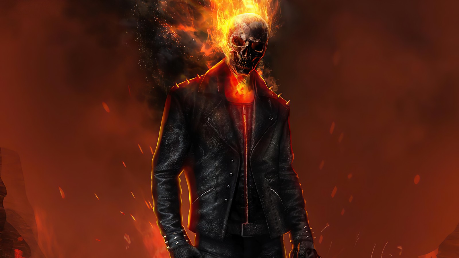 Um homem de jaqueta de couro em pé diante de um fogo (ghost rider, marvel comics, anti herói, quadrinhos, quadrinho)