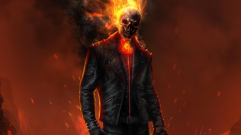 Мужчина в кожаной куртке стоит перед огнем (призрачный гонщик, ghost rider, marvel comics, антигерой, комиксы)