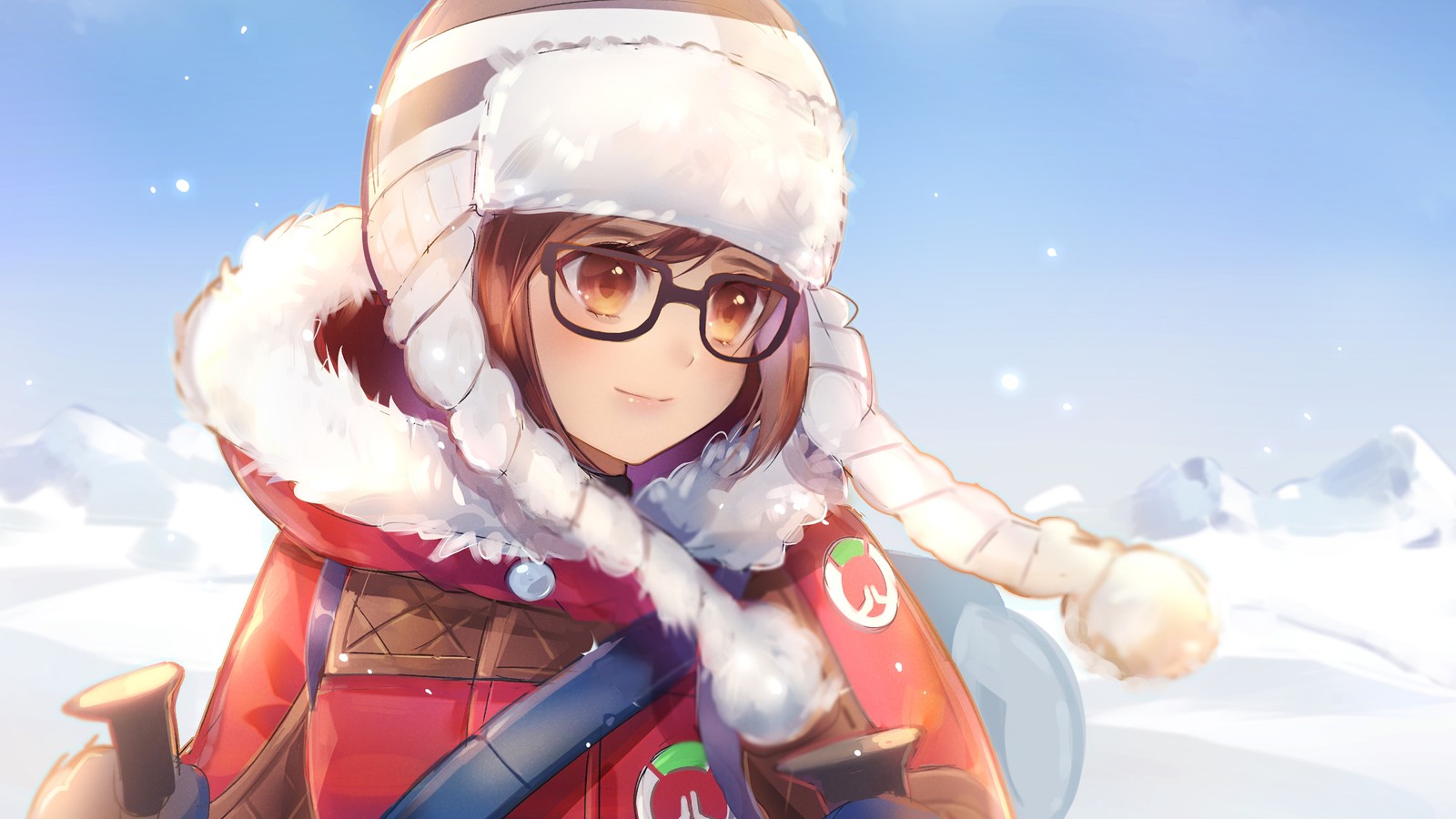 Fille anime en vêtements d'hiver avec un snowboard et un sac à dos (mei, overwatch, jeu vidéo)