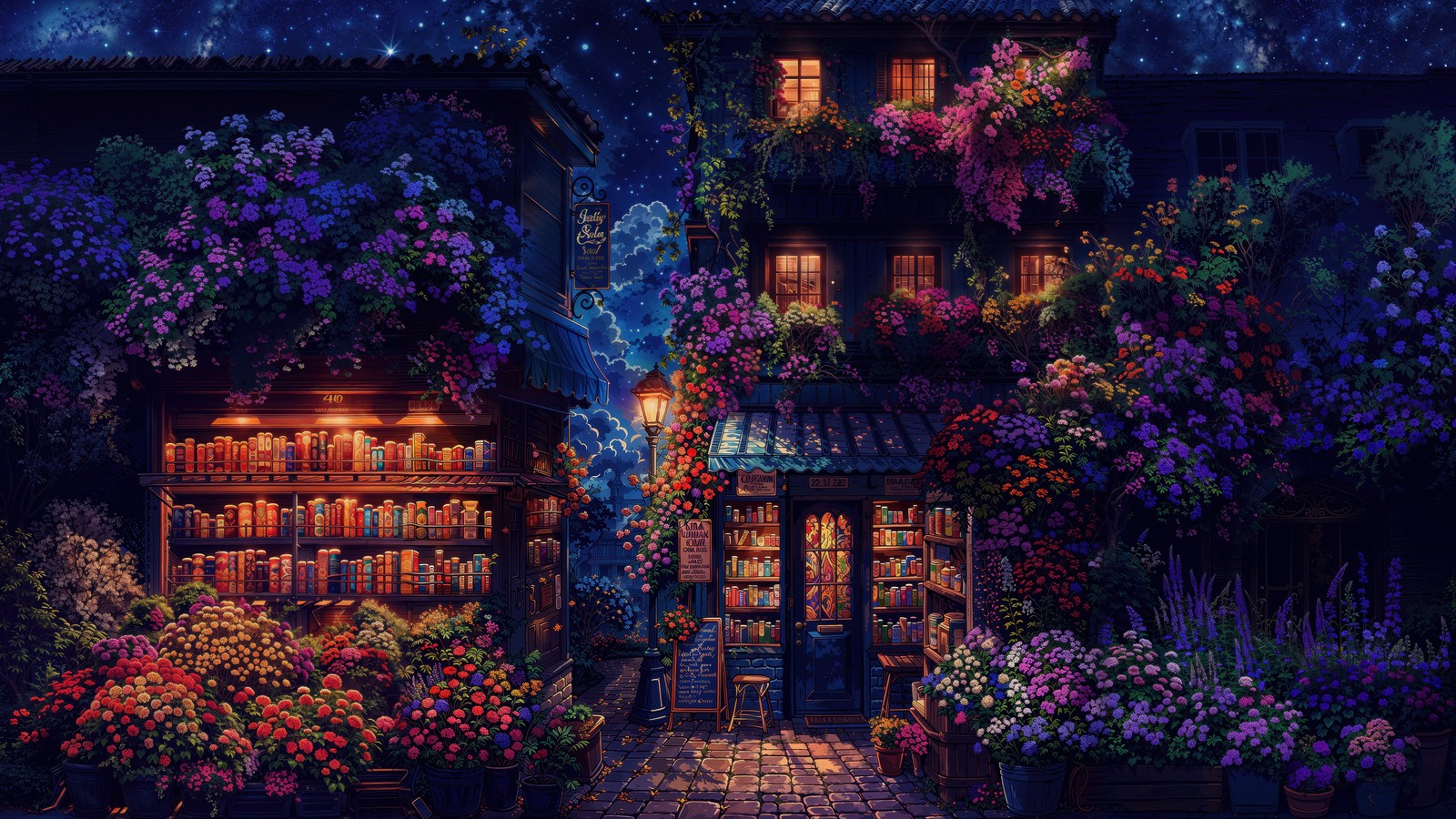 Uma pintura de um edifício com flores e plantas na frente (aconchegante, loja, iluminação noturna, céu noturno, livros)