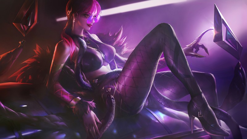 Женщина в черном наряде сидит на кровати с мечом (kda, evelynn, league of legends, lol, видеоигра)