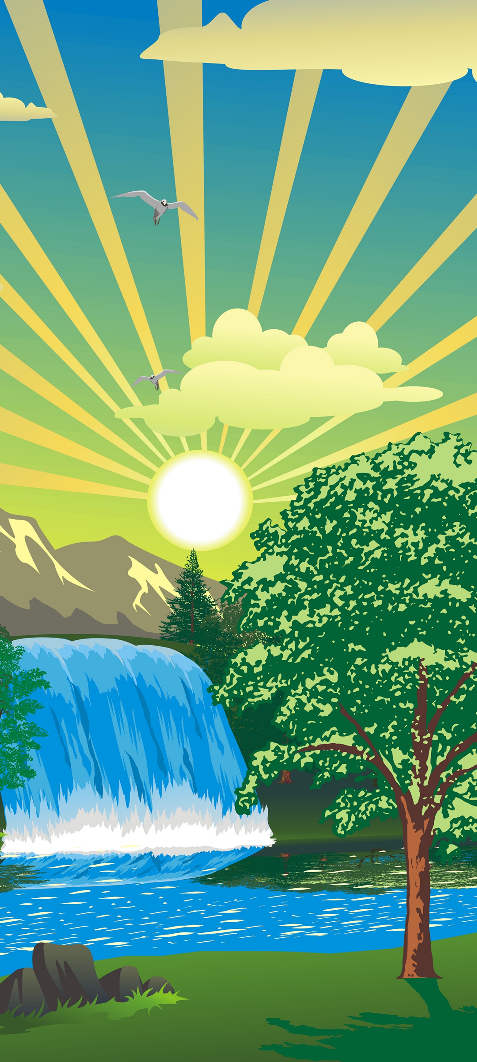 Hay una cascada en medio de un campo verde (naturaleza, ilustración, agua, día, verde)