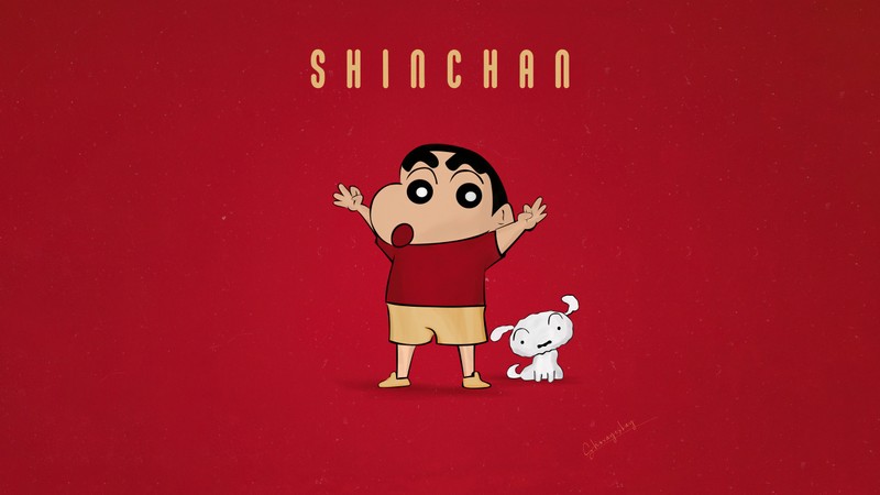 Мультяшный персонаж с собакой рядом с ним (шин чан, shin chan, широ, shiro, 5k)