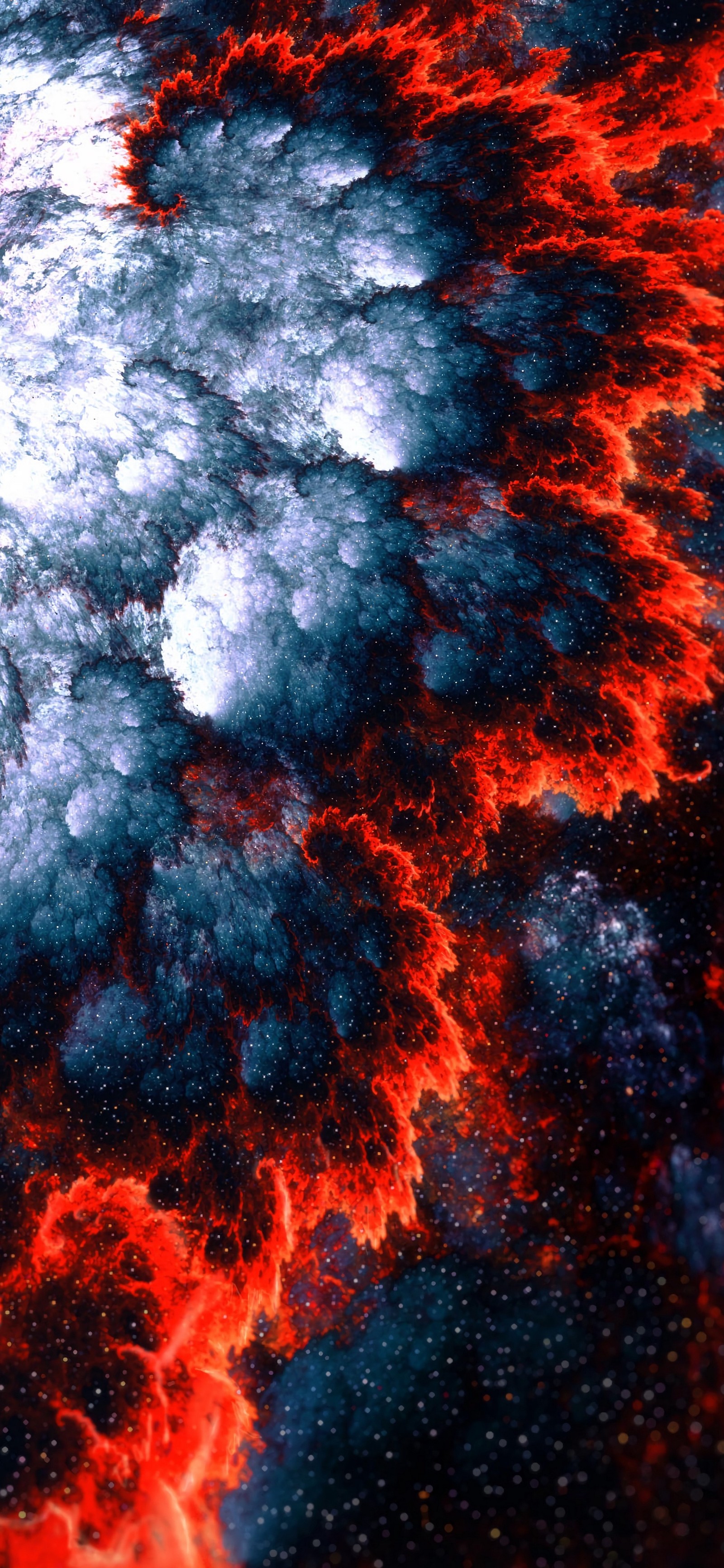 Un nuage de feu rouge et noir et de fumée dans le ciel (android, realme, atmosphère, monde, plan deau)