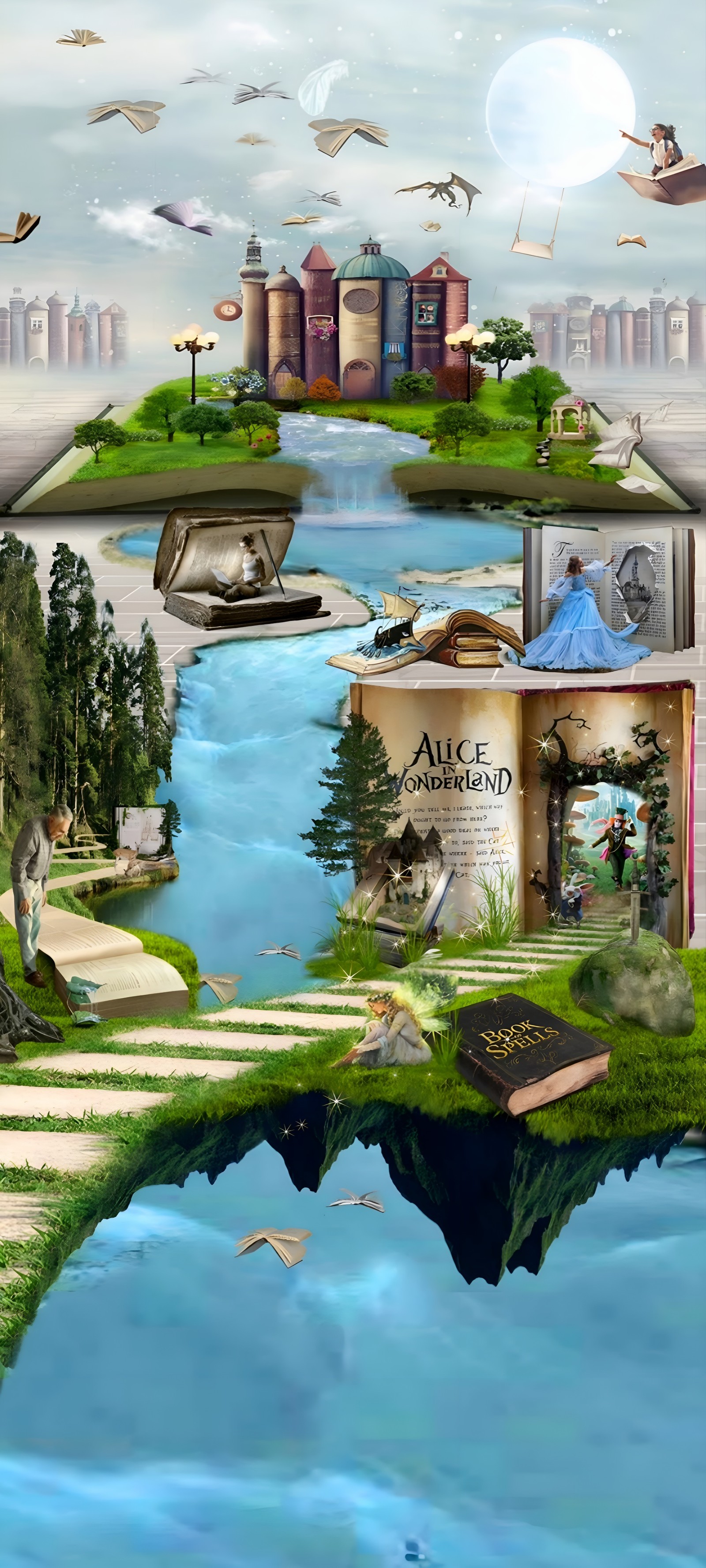 There is a picture of a floating island with a castle and a river (fairy tale, nature, water, swimming pool, art)