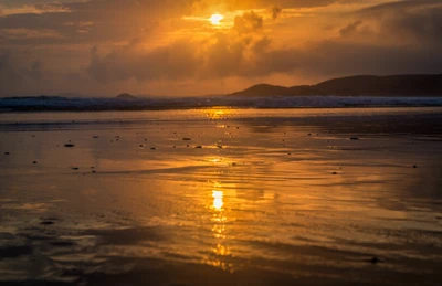 Reflet du coucher de soleil doré sur la côte tranquille