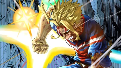 All Might dans une posture puissante, montrant détermination et force dans Mon Académie de Héros.