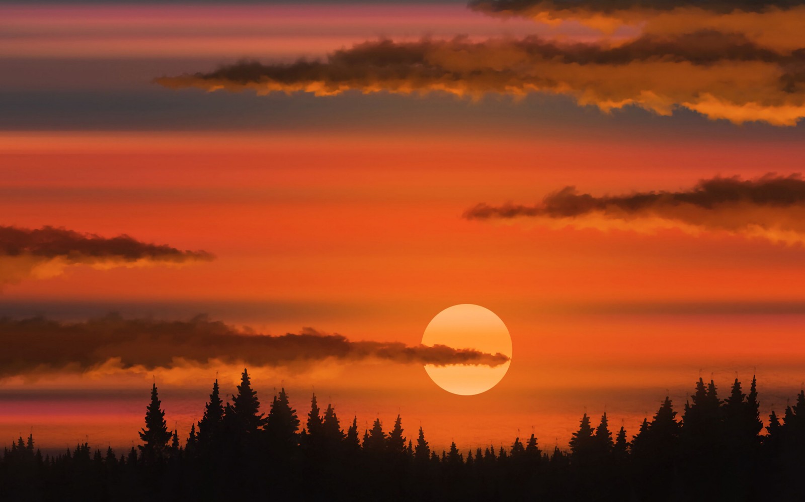 Vista aérea de una puesta de sol con un gran sol naranja (luz solar, atardecer, nube, atmósfera, día)