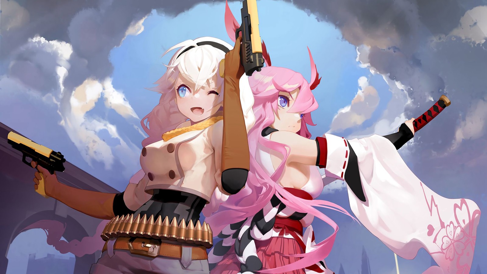 Fille anime avec des cheveux roses tenant un pistolet et une robe rose (filles danime, anime, honkai impact 3rd, jeu vidéo, yae sakura)