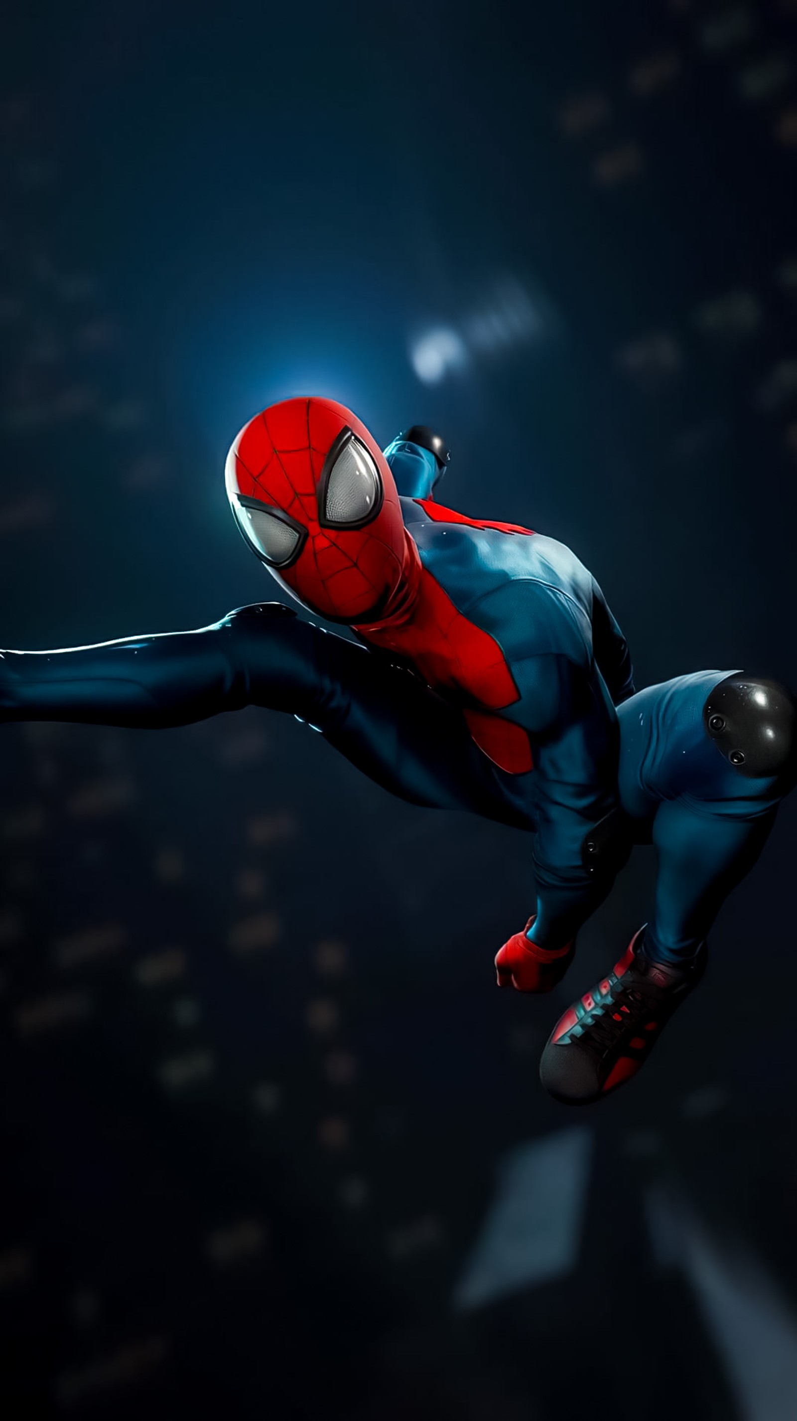 Spider-man en un traje azul volando por el aire (spider man, arte digital, remasterización, azul eléctrico, recreación)