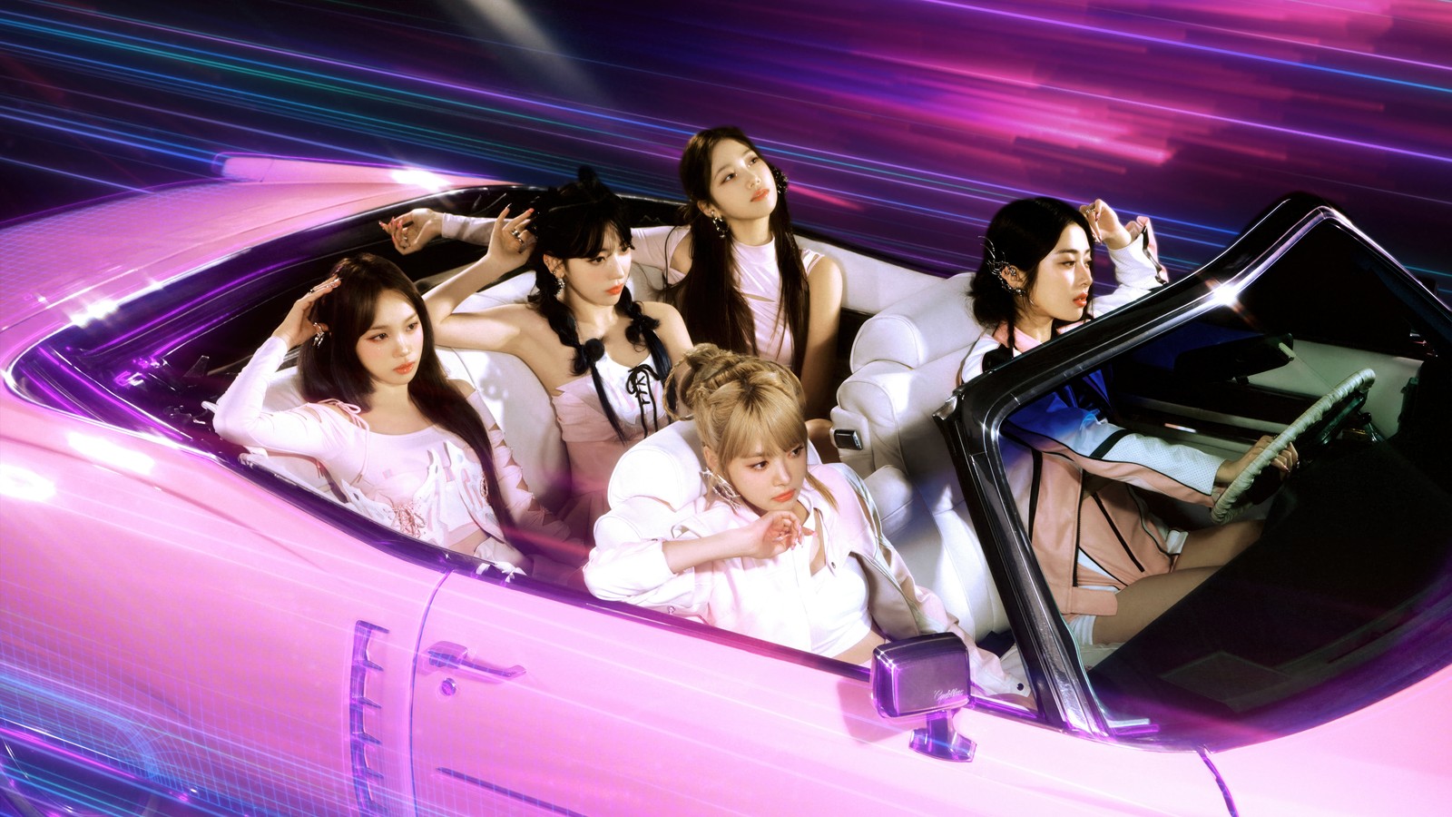 Araffes in a pink car with a laptop and other people (le sserafim, kpop, 르세라핌, korean, girl group)