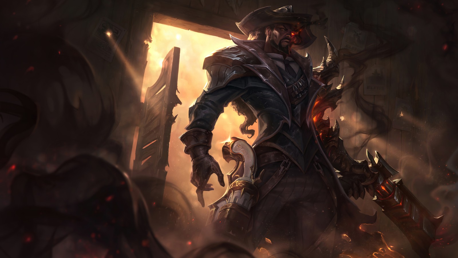 A man in a hat and a sword standing in a dark room (lucian, high noon, league of legends, lol, video game)