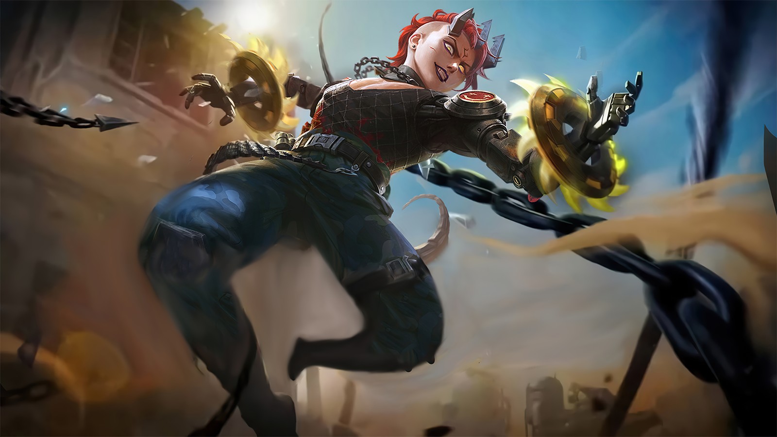 A woman in a black outfit is holding a sword and a yellow light (dyrroth, ruins scavenger, skin, mobile legends, bang bang)