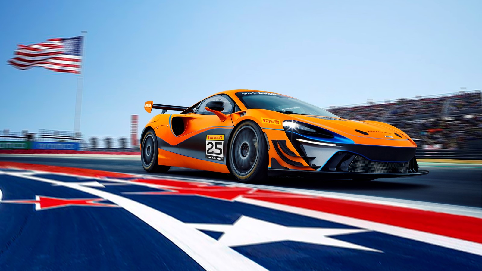 Un coche de carreras mclaren gt3 conduciendo en una pista con una bandera estadounidense (mclaren artura gt4, pista de carreras, coche de carreras, 5k, 8k)