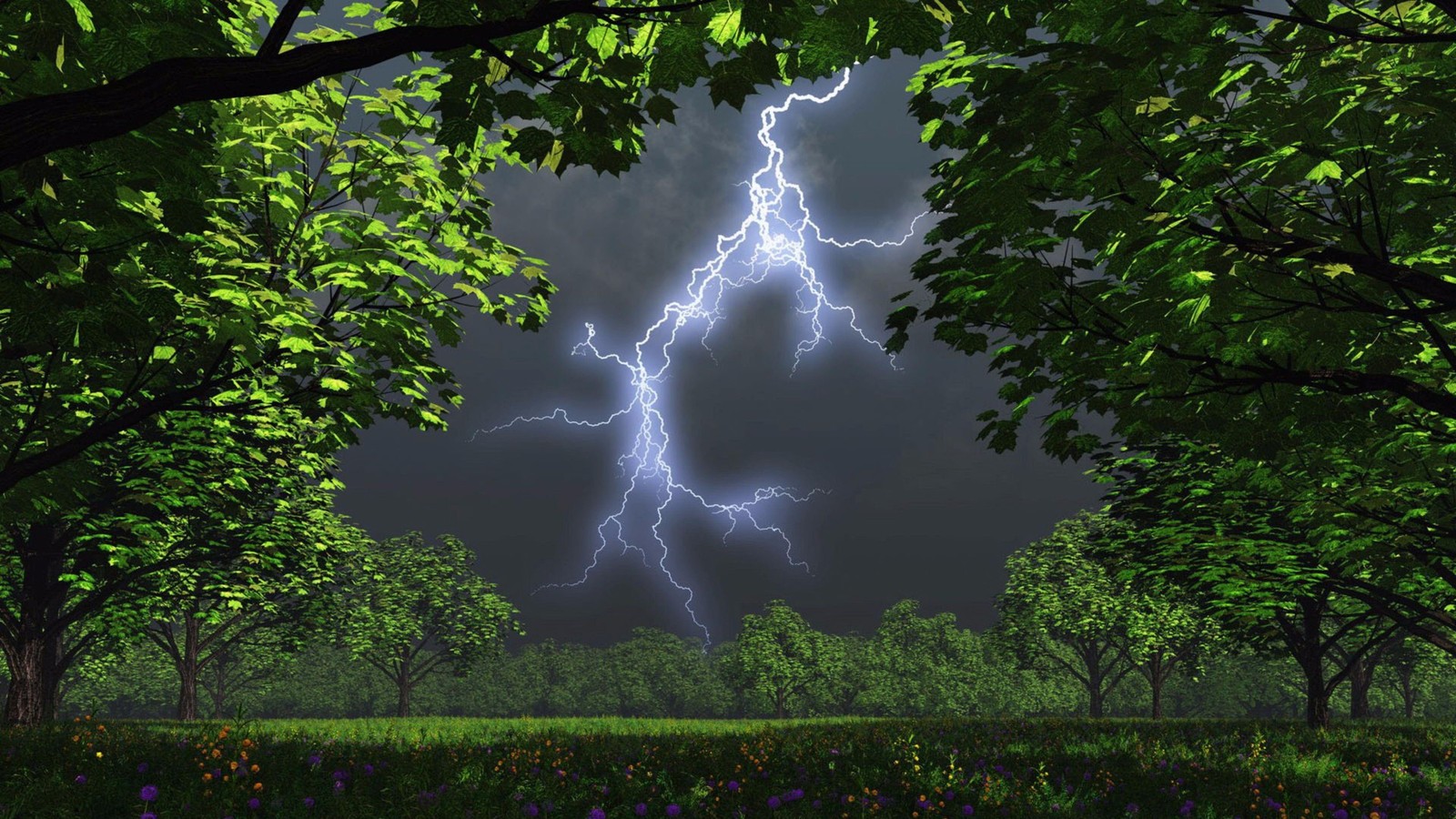 Un éclair traverse un ciel sombre au-dessus d'un champ de fleurs (orage, éclair, tempête, nuage, tonnerre)