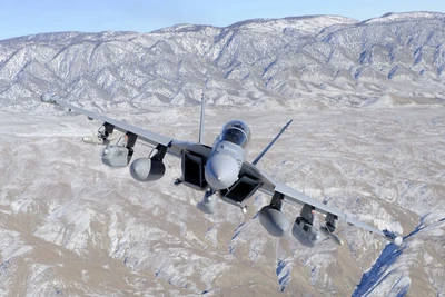 Aviones de combate en paisaje ártico: McDonnell Douglas F/A-18 Hornet vuela sobre una cordillera nevada