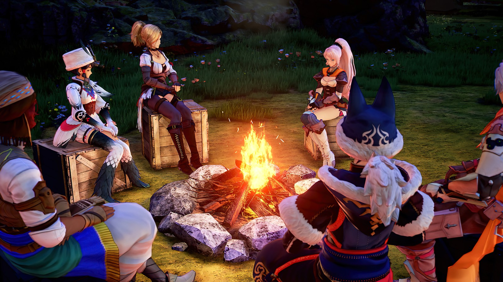 Baixar papel de parede tales of arise, jogo de vídeo, fogueira, personagens