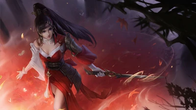 A fierce warrior maiden wielding a sword, adorned in a striking red and white outfit, strides through a mystical forest enveloped in swirling flames and autumn leaves.