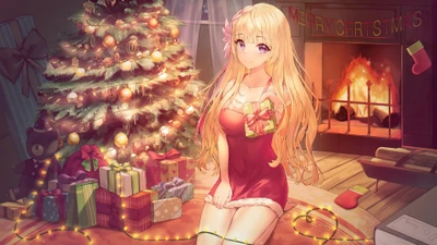 Chica anime festiva junto al árbol de Navidad con regalos