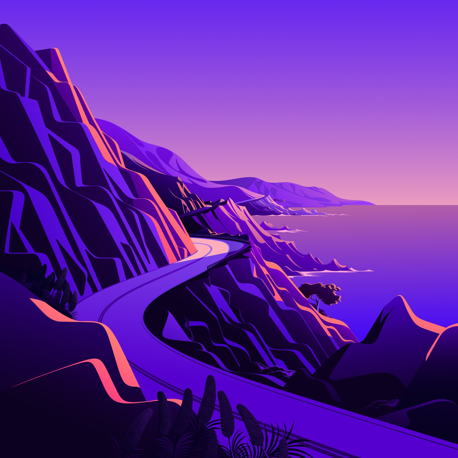 Mountains and a road with a winding curve in the middle (macos big sur, coastline, mountain pass, road, twilight)