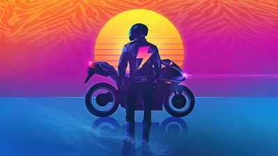 Motard au coucher de soleil rétro : Un voyage numérique synthwave