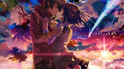 Celestial Love: Mitsuha and Taki Under a Shooting Star