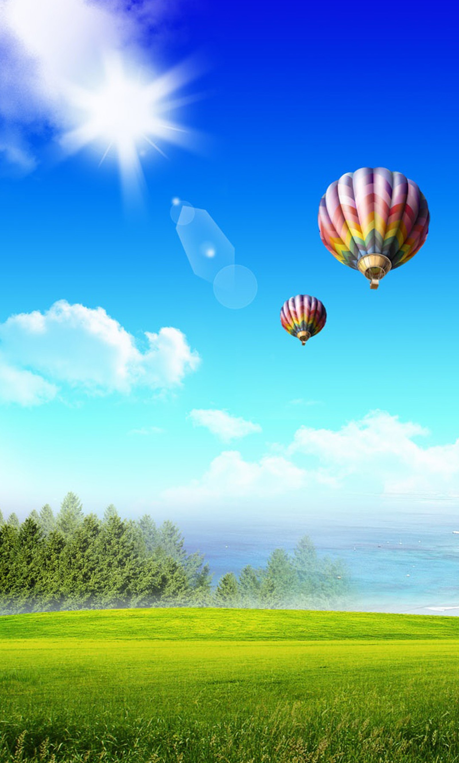 There are two hot air balloons flying over a green field (beautiful, flower, galaxy, s5, samsung)