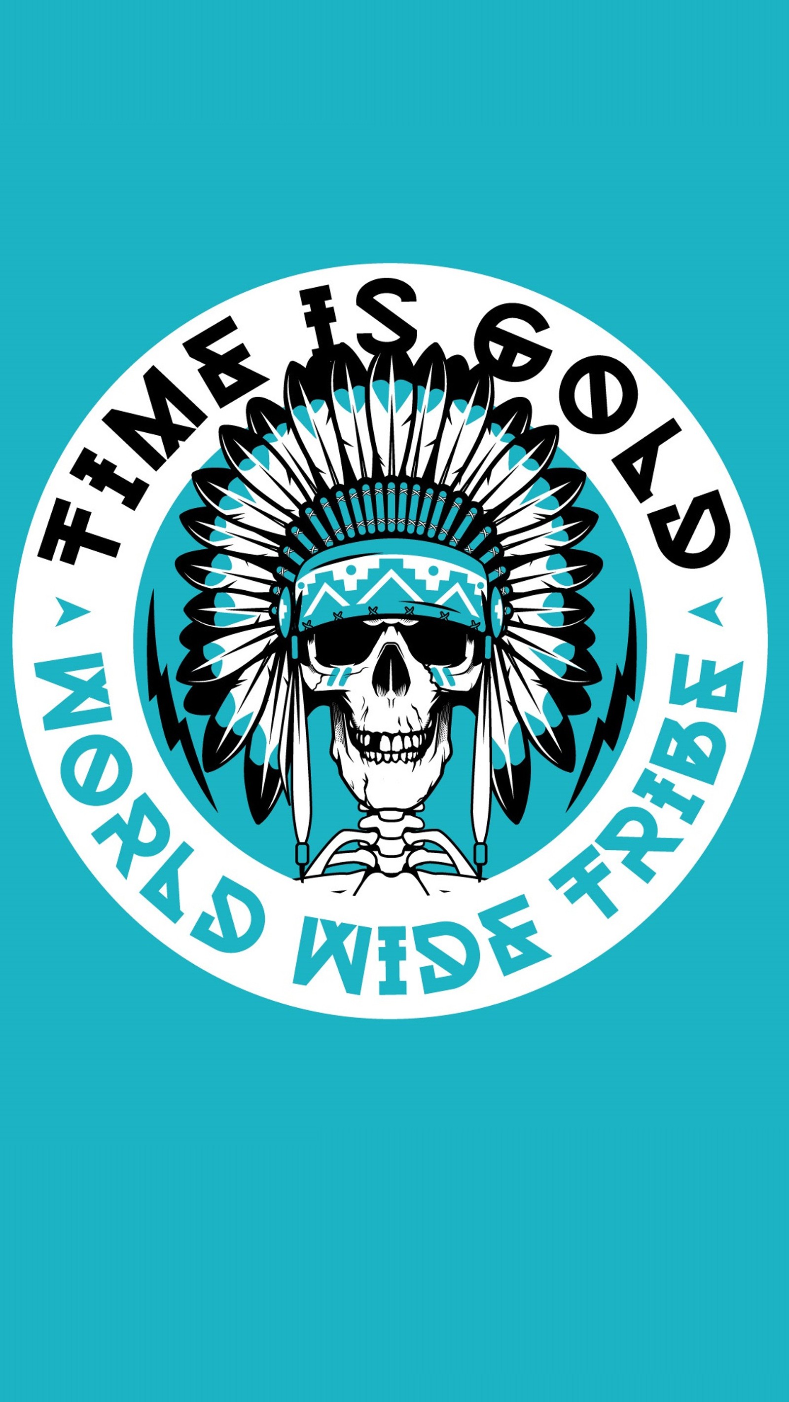 A close up of a sticker with a skull wearing a headdress (blue, graphics, indian plume, skull)