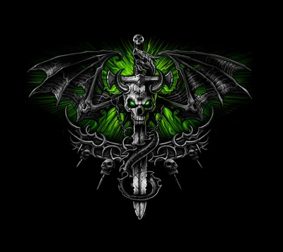 Dark Green Skull with Wings and Sword Emblem