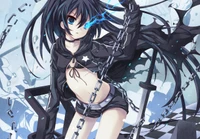 Art dynamique de Black Rock Shooter avec des chaînes dans un arrière-plan surréaliste