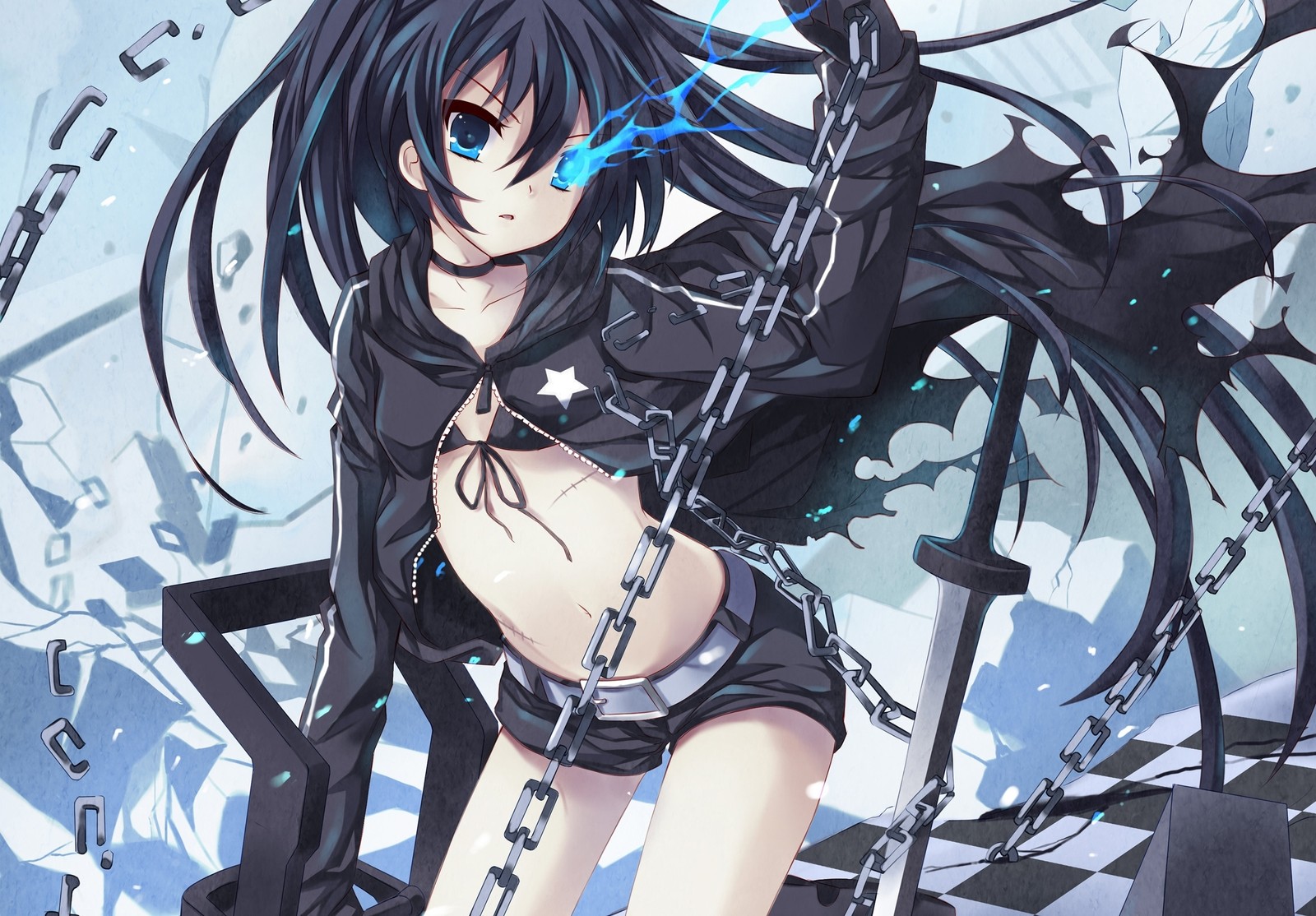 Chica anime con cabello negro y ojos azules sosteniendo una espada (anime, hatsune miku, black rock shooter, cabello castaño, arte)