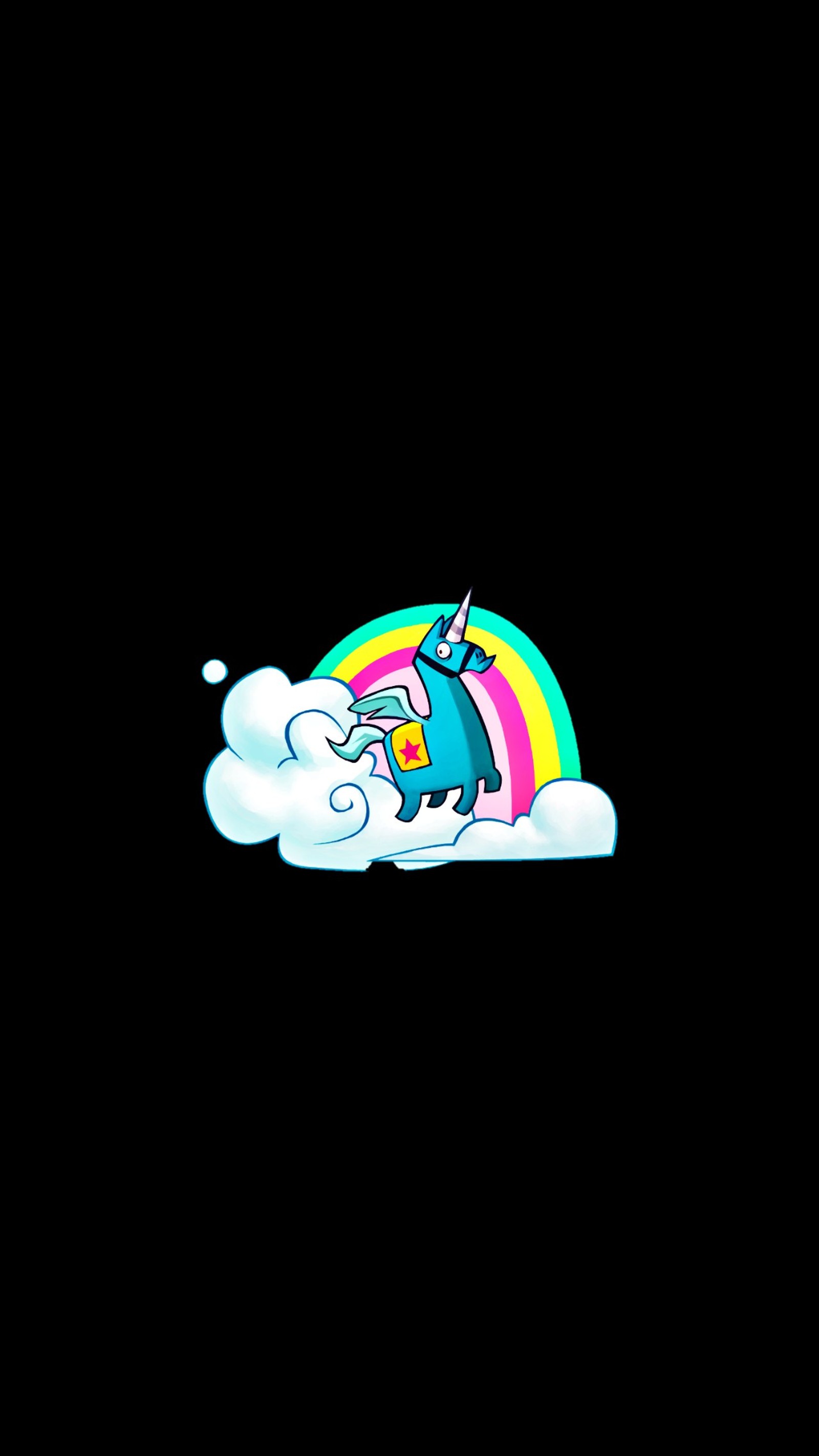 Ein einhorn schläft auf einer wolke mit einem regenbogen im hintergrund (fortnite, lama, einhorn, fortnite unicorn llama, epic games)