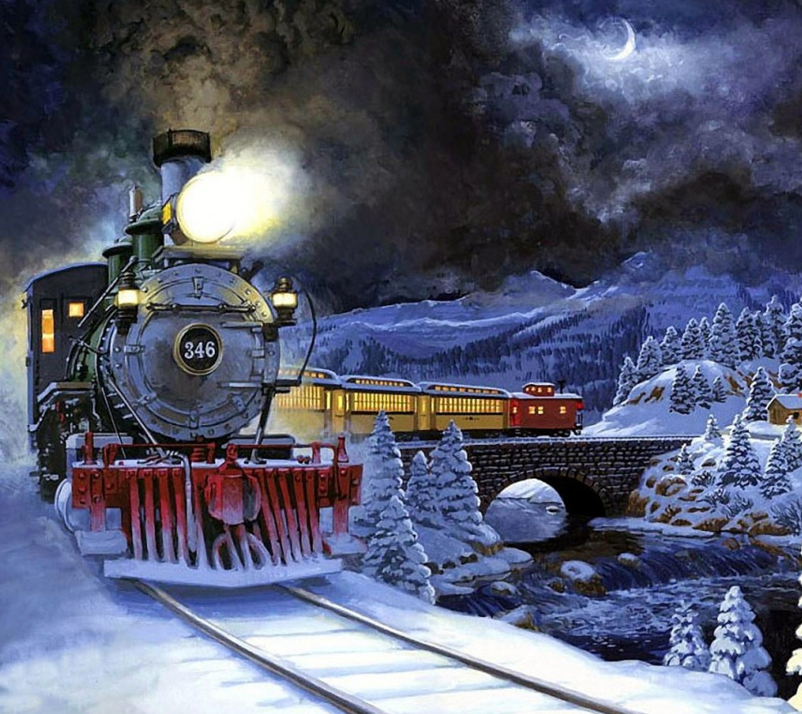 Un tableau d'un train voyageant à travers un paysage montagneux enneigé (nature, train, hiver)