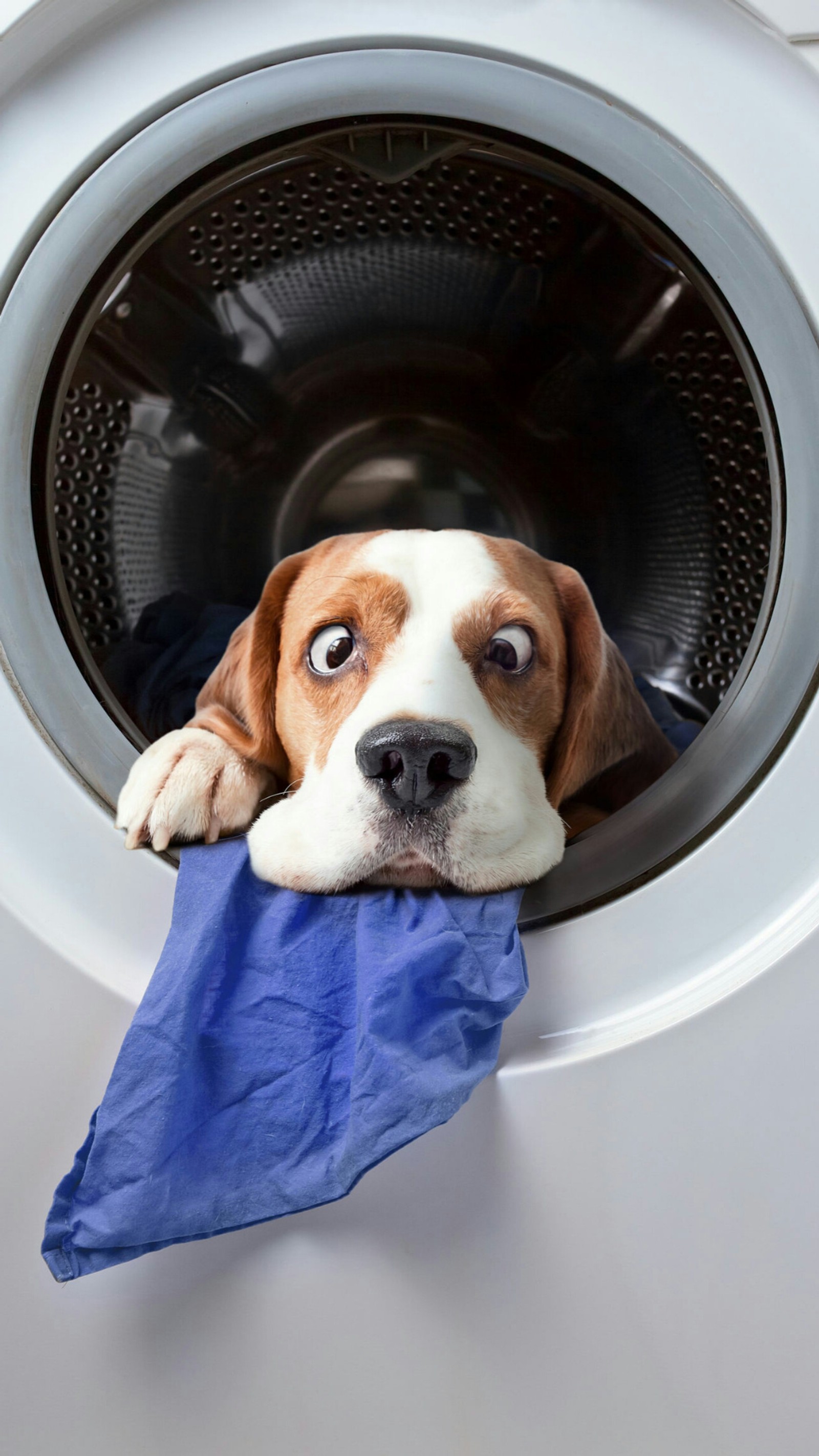 Ein araffe-hund, der aus einer waschmaschine mit einem blauen tuch schaut (tier, hund, lustig, humor, maschine)