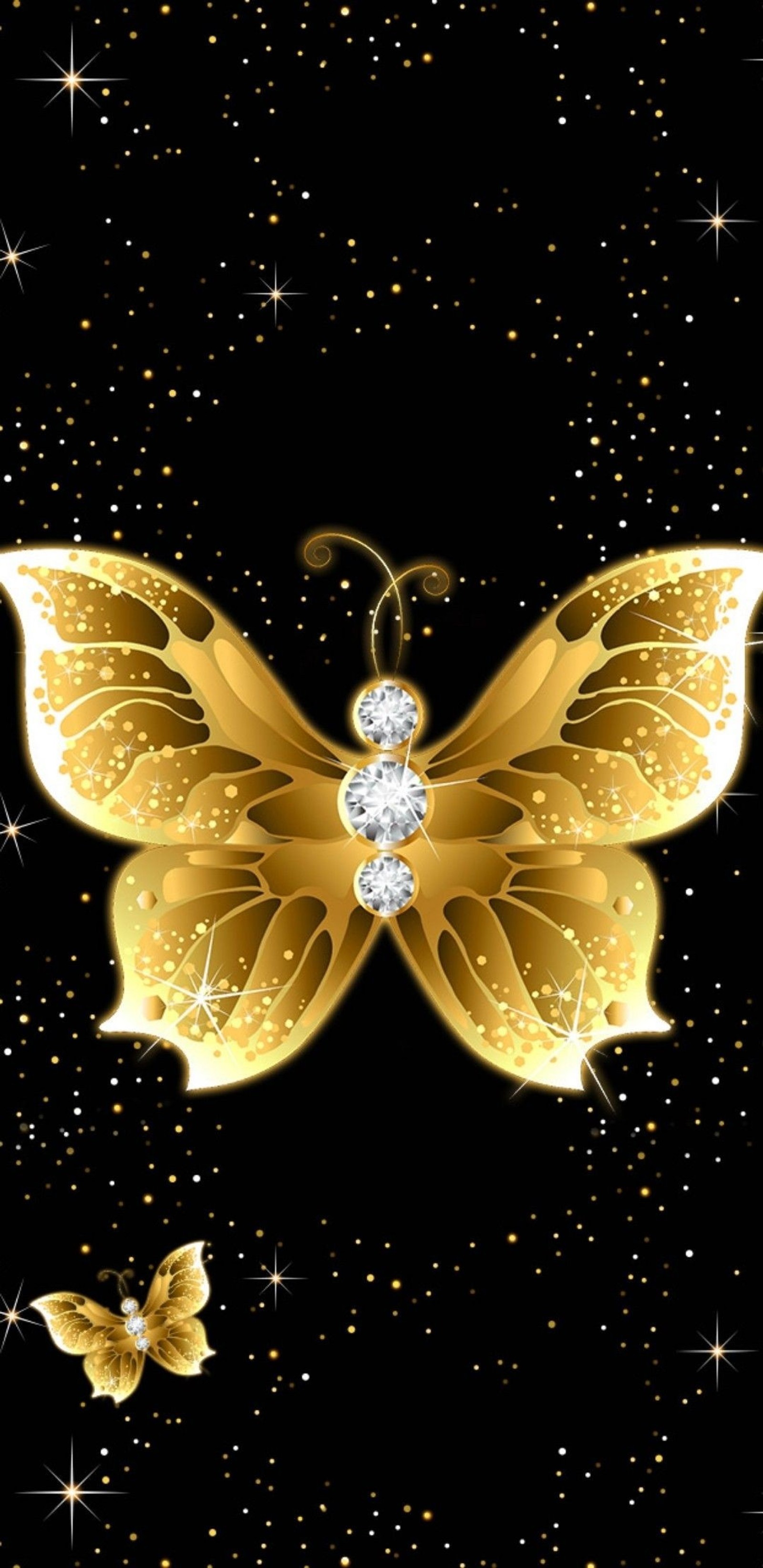 Eine goldene schmetterling mit diamanten auf schwarzem hintergrund (schmetterling, diamant, glitter, gold, golden)