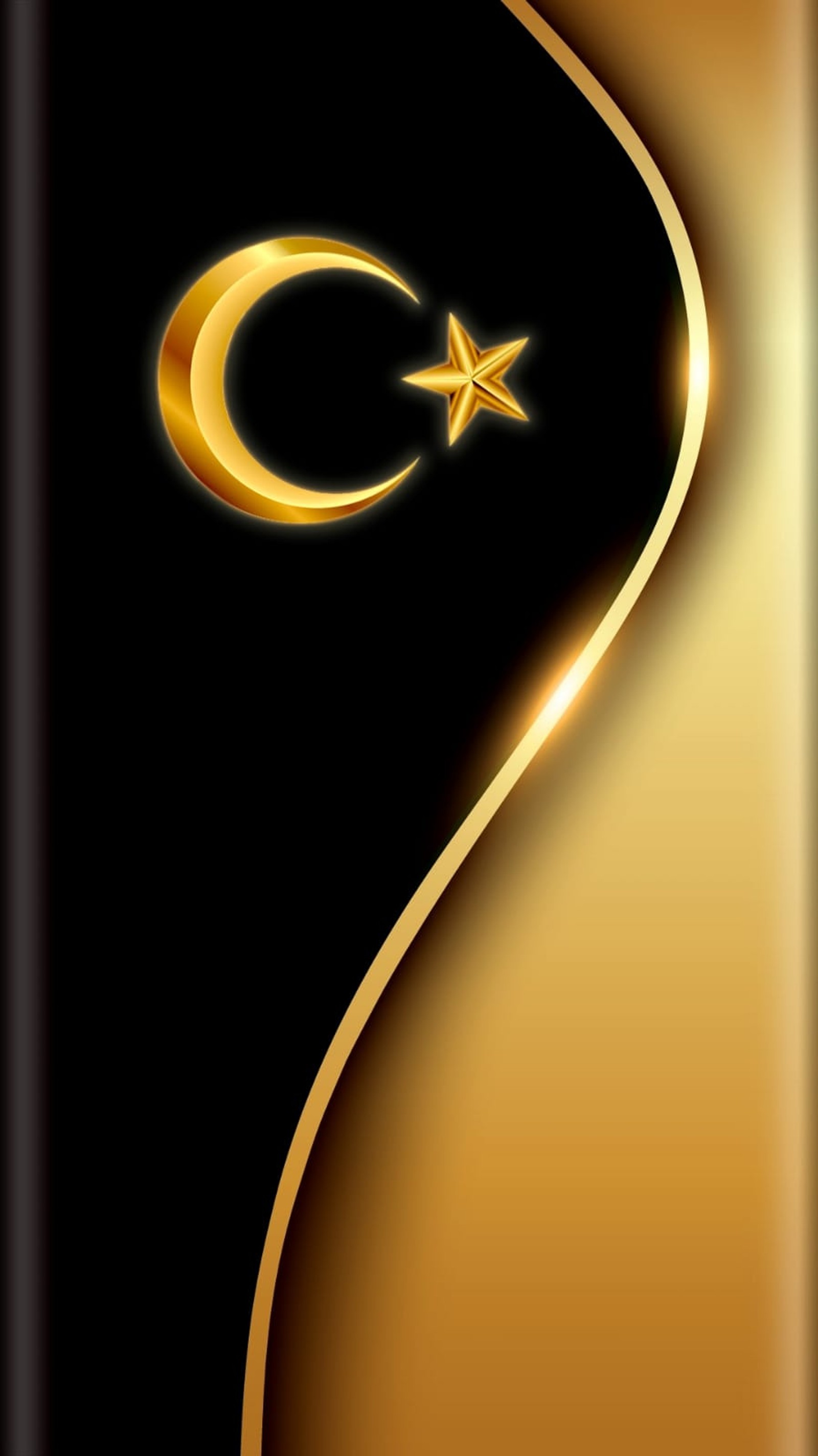 A gold crescent and star on a black background (bayrak, edge, wallpaper)