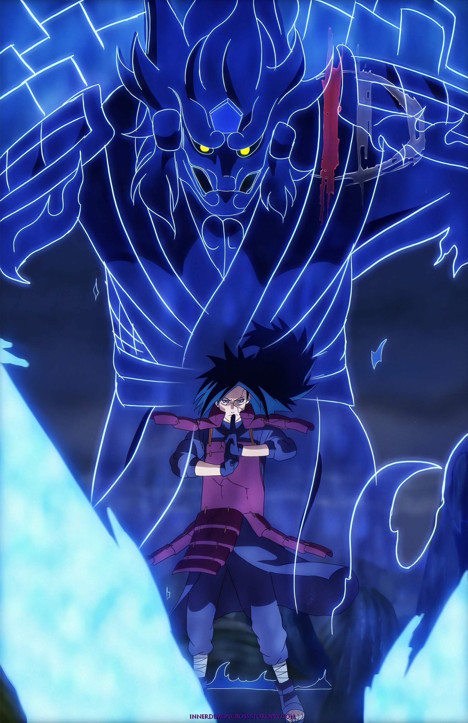 Personagem de anime com um rosto demoníaco e uma espada na mão (madara, naruto)