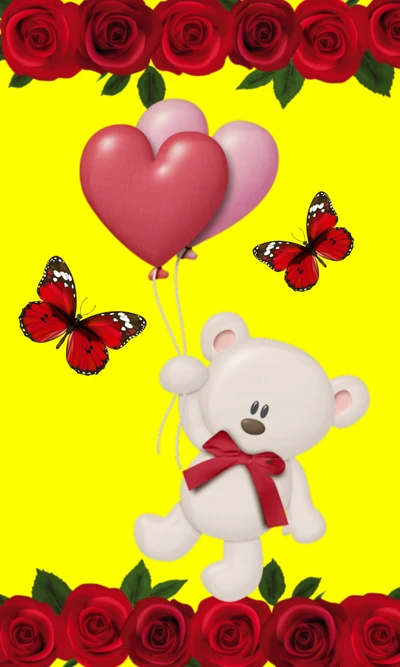 Feliz cumpleaños, oso de peluche con globos y mariposas rodeado de rosas rojas