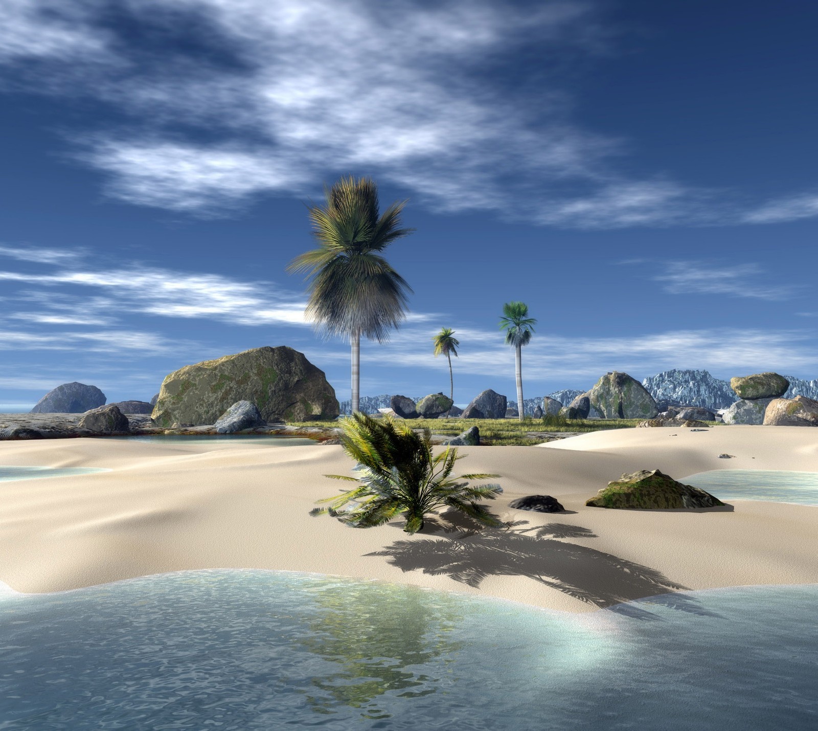 A rendering of a tropical island with palm trees and a beach (beach, paradise)