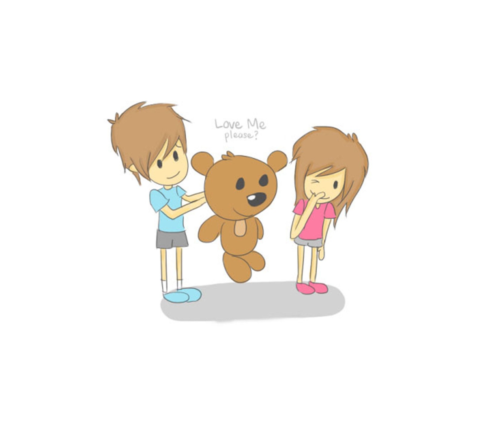 Cartoon of a boy and girl holding a teddy bear and a sign that says love you (love, me)