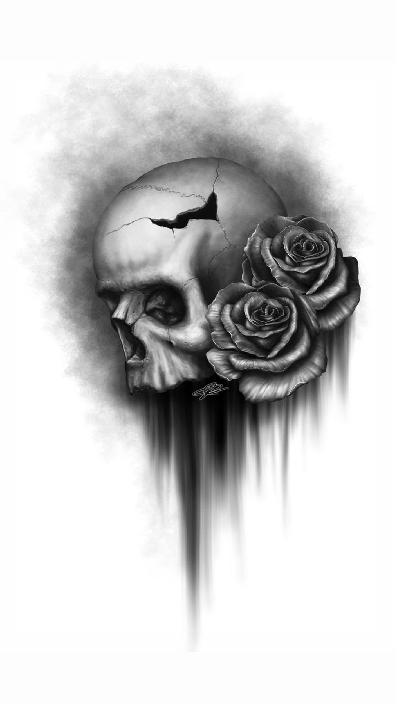 A skull and roses tattoo design on a white background (fgh, fgsdf)